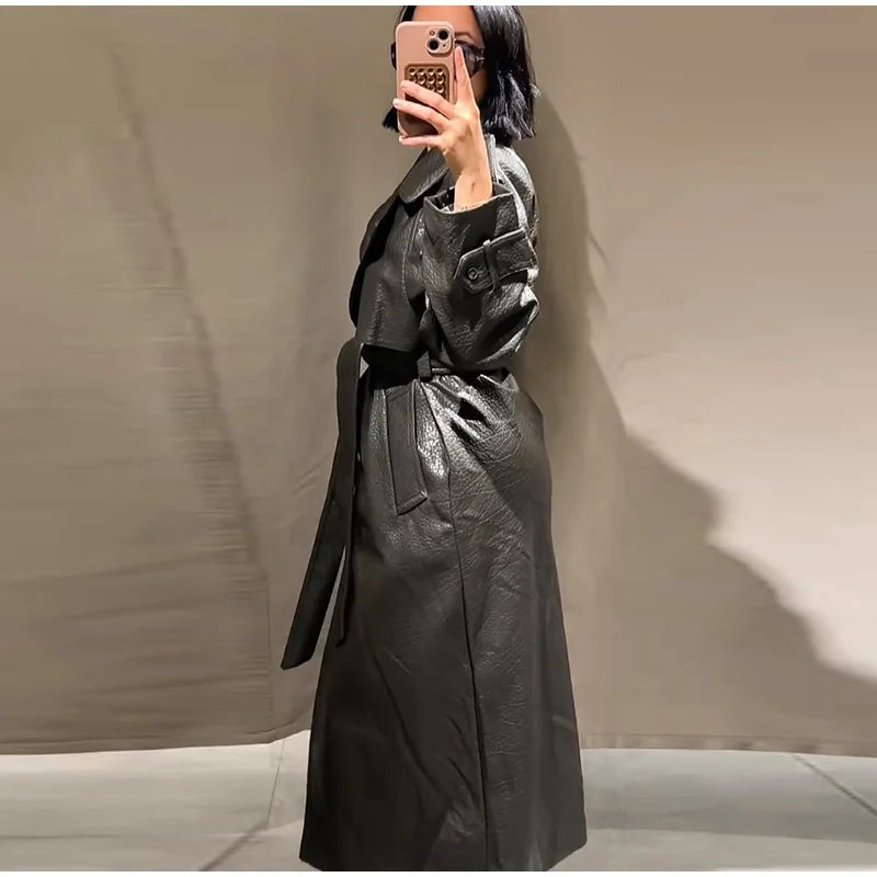 Elegant Women's Double Breasted Long Leather Coat With Belt Lapel Full Sleeve Pockets Jacket 2025 Autumn Winter Lady Outwear New