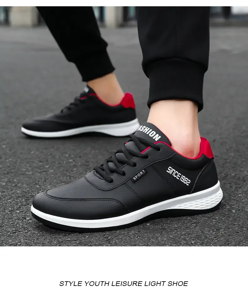 Artificial Leather Men's Casual Shoes Spring Men's Casual Lightweight Sports Shoes Lace Up Flat Shoes Breathable Outdoor Jogging
