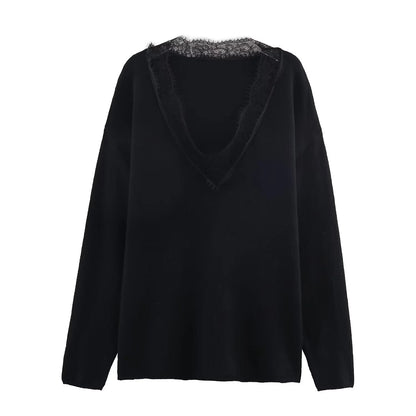 2025 Winter New Women's Sweet and Alluring Fashion V-neck Lace-trimmed Loose Long-sleeved Knit Sweater