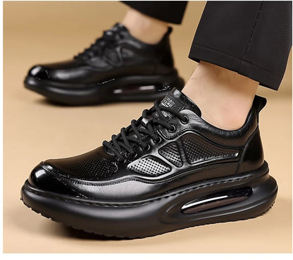 Genuine Leather Shoes Men Trendy Athletic Casual Walking Business Office Air Cushion Sneaker Sports Lightweight Streetwear Brown