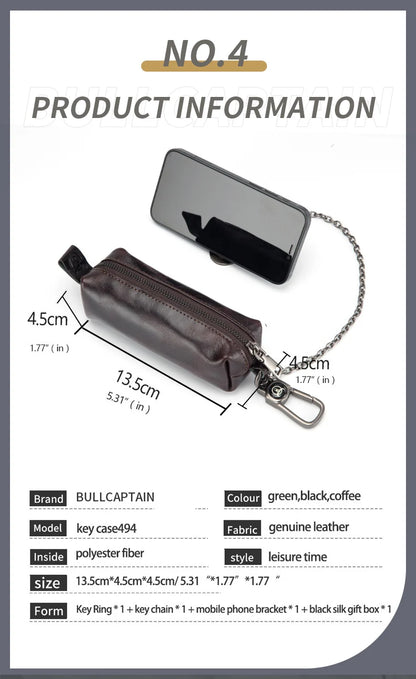 BULLCAPTAIN Genuine Leather Men's Car Keychain Leather Key Case High Quality Men's Butler Key Clip Zipper Two Card Key Case