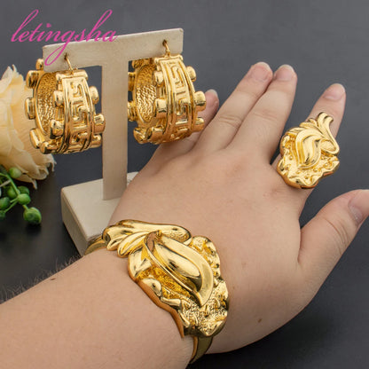 Fashion Jewelry Set for Women Large Hoop Earrings and Bangle Ring Weddings Bride Trendy Bracelet and Earrings Jewelry Set