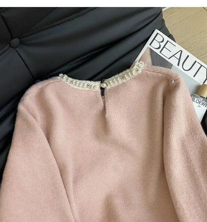 New Winter Sweet Loose Beaded Ruffled Pink Sweater for Women Fashion Versatile Casual and Elegant Knitted Sweater