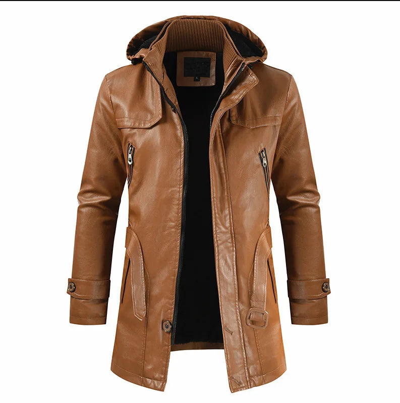 Coat Windproof Clothes Men's Hooded Long Leather coat Men's Leather Motorcycle Leather fashion Winter Korean Fashion Jacket