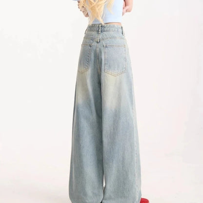 Jeans for Woman Y2k Pants Retro Washed Denim Straight Leg Wide Leg Trousers Cartoon Embroidery Design Comfortable Daily Wear