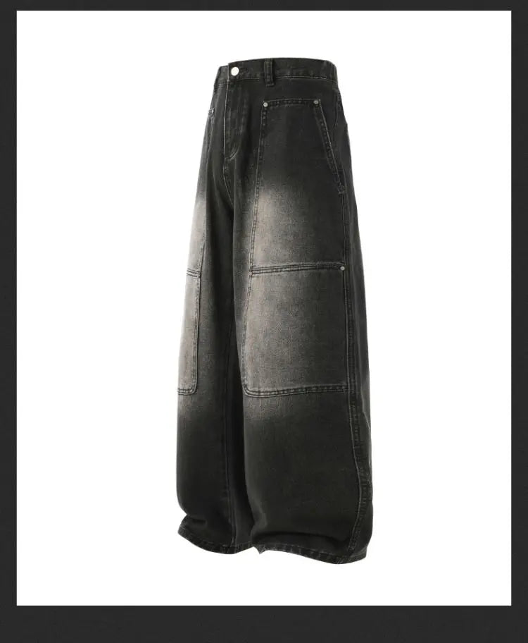 Men's Jeans Spring And Autumn Fashion Straight Tube Loose Washed Casual American Retro Original Color Wide Rivet Logging Pants