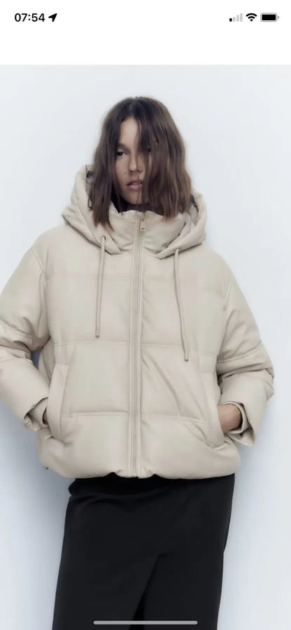 PU Leather Parkas Women Fashion Hooded Faux Leather Coats Women Elegant Zipper Cotton Jackets Female Ladies