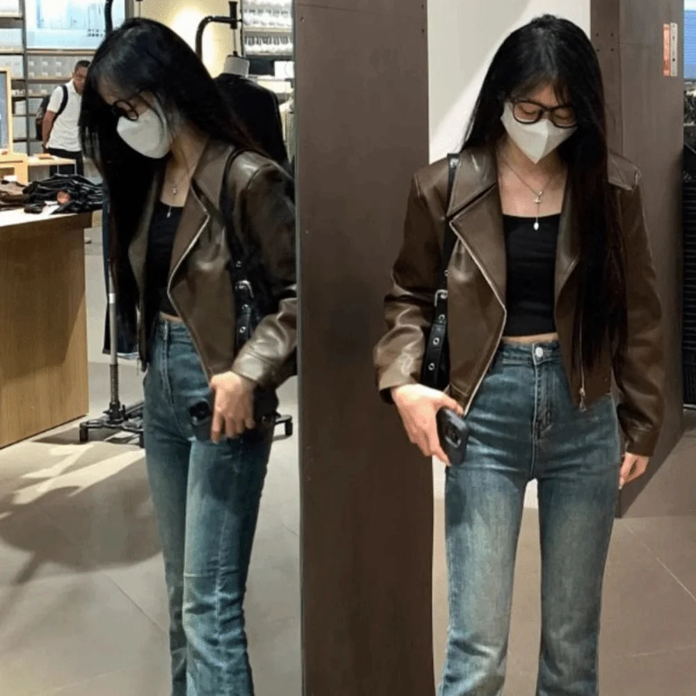 Fashion Pleated Leather Jacket Women Lapel Collar Outerwear Vintage PU Coats Korean Chic Windbreaker Jackets Y2k Streetwear