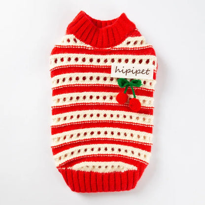 Christmas Dog Sweater, Cute Red Striped Pet Holiday Clothes, Puppy Cherry Sweaters for Small Dogs Cats, Fall Winter Xmas Costume