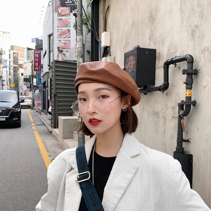 PU Leather Beret Caps Women Fashion Artist Painter Hat Letter M Female Berets Flat Top Octagonal Cap Ladies All-Match Caps