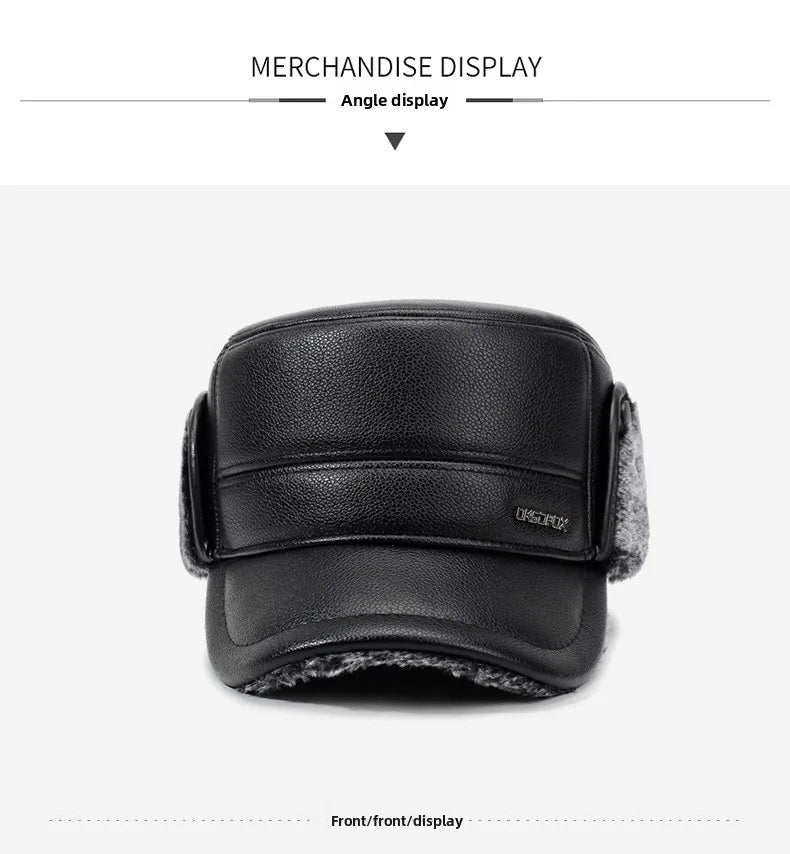 Mens Leather Flat Top Baseball Cap Warm Ear Hat for Elderly in Autumn Winter Thickened Fleece-lined Cold Cap