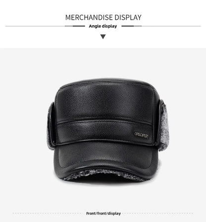 Mens Leather Flat Top Baseball Cap Warm Ear Hat for Elderly in Autumn Winter Thickened Fleece-lined Cold Cap