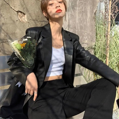 Fashion Lapel Collar Leather Jacket Women Outerwear Korean Chic Vintage PU Coats Loose Retro Suit Leather Jacket Autumn/Winter