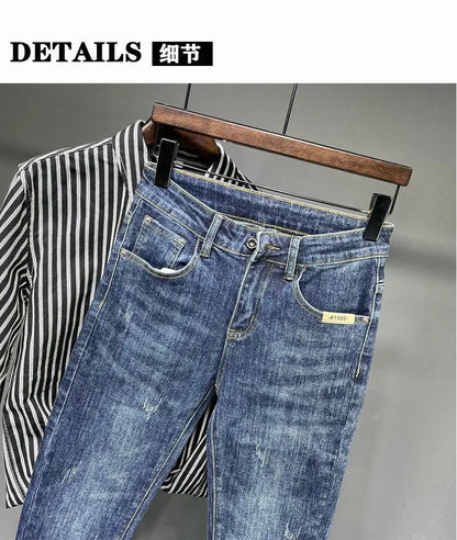 Jeans Men's Spring and Summer New High-end Trend Blue Slim-fitting Pants Brand Korean Streetwear High Street Retro Long Pants