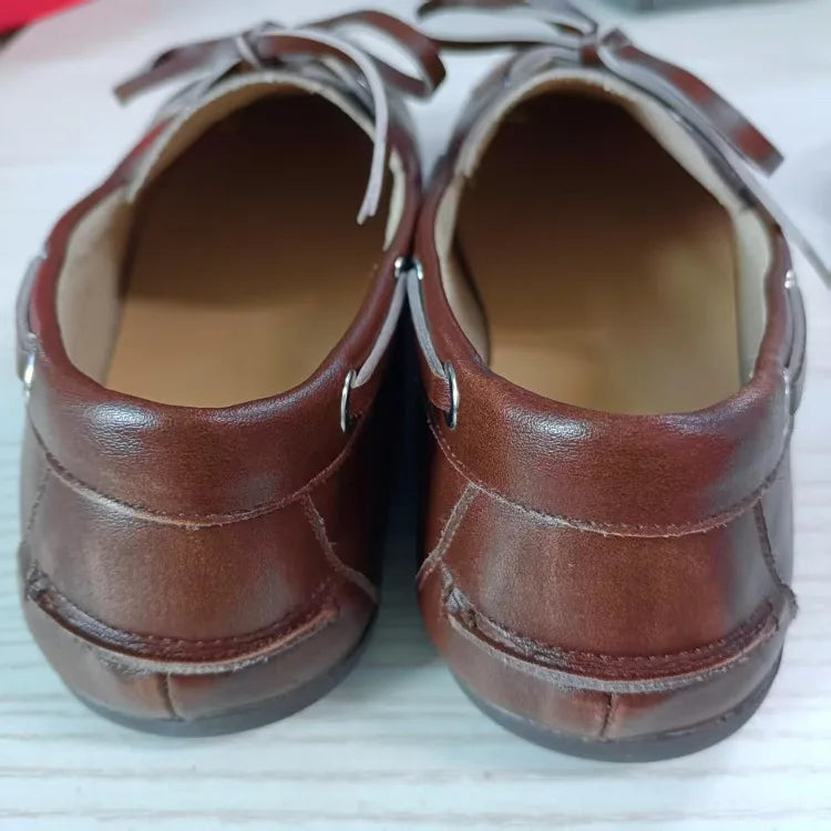 Leather Shoes for Women 2025 Spring and Autumn Sheepskin Worn Dirty Tied Soft Soled Loafer Shoes Retro One Foot Women's Shoe