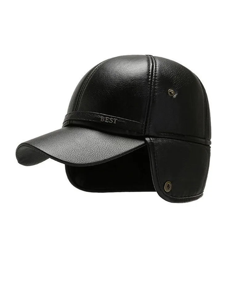 Men's Casual Cuffed Soft Leather Baseball Cap for Middle-Aged and Elderly, Warm for Winter