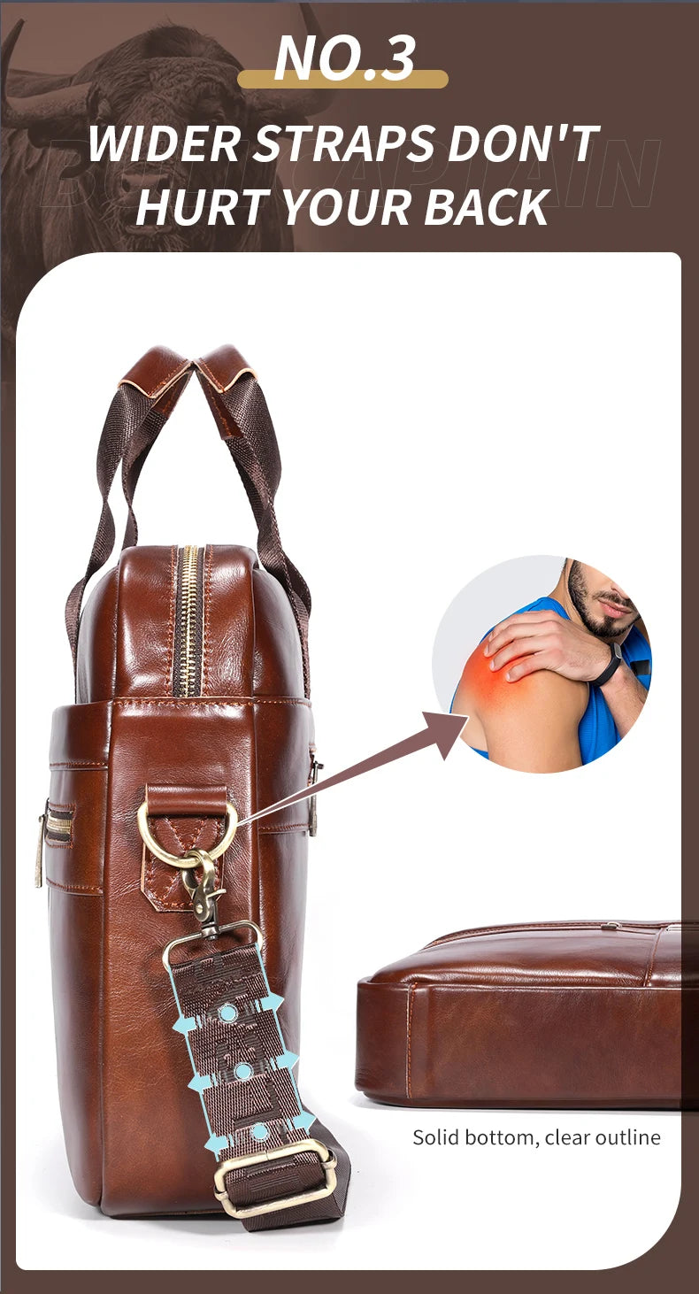 BULLCAPTAIN Leather Laptop Bag, Top Layer Leather 15" Laptop Bag Men's Laptop Briefcase Briefcase Work Business Travel Bag 053