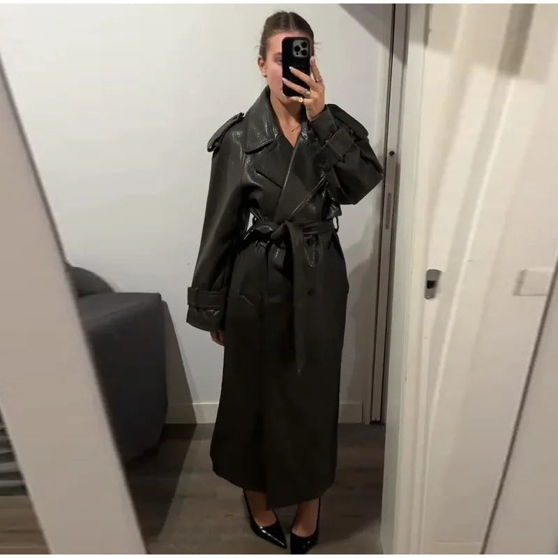 Elegant Women's Double Breasted Long Leather Coat With Belt Lapel Full Sleeve Pockets Jacket 2025 Autumn Winter Lady Outwear New