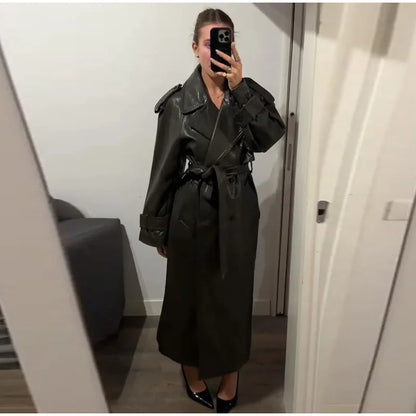 Elegant Women's Double Breasted Long Leather Coat With Belt Lapel Full Sleeve Pockets Jacket 2025 Autumn Winter Lady Outwear New