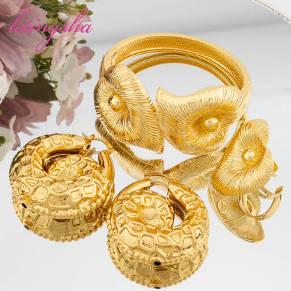 Fashion Jewelry Set for Women Large Hoop Earrings and Bangle Ring Weddings Bride Trendy Bracelet and Earrings Jewelry Set