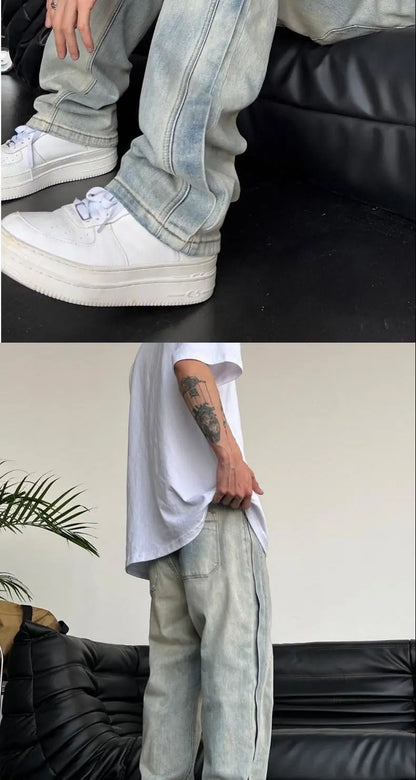 Jeans for Men Loose Light Blue Baggy Straight Man Cowboy Pants Punk Spliced Y2k Vintage Trousers 2025 Korean Autumn Trend Cotton