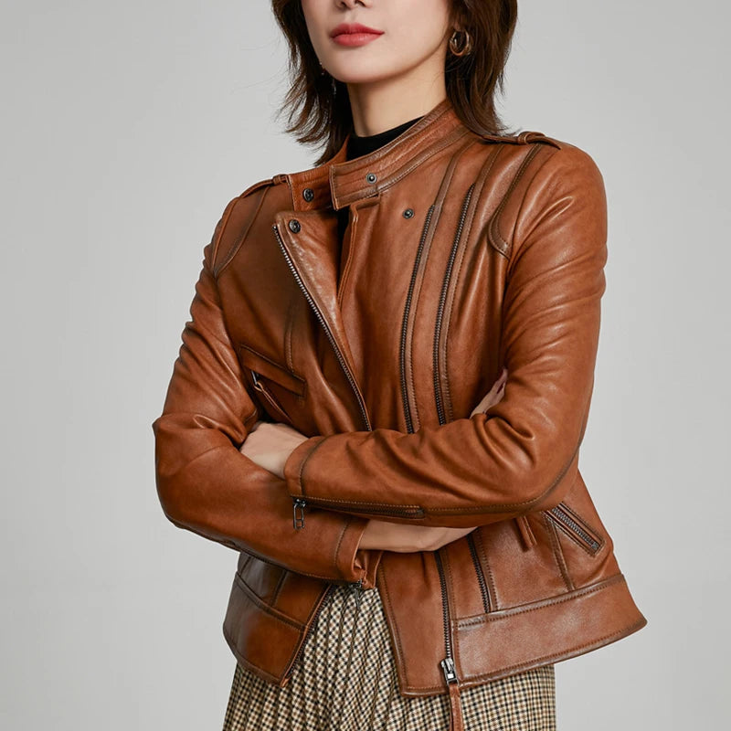 Leather Coat Women Short All-match European Fashion Biker Genuine Sheepskin Black Jackets Zipper Pocket Jaqueta Couro Feminina