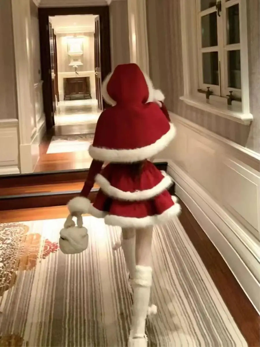 Winter Christmas Sweet 2 Piece Set Women Design Faux Fur Cape Coat + Short Party Dresses Japanese Fashion Elegant Kawaii Outfits