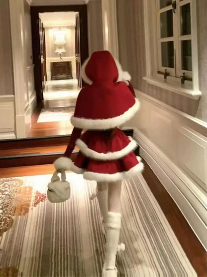 Winter Christmas Sweet 2 Piece Set Women Design Faux Fur Cape Coat + Short Party Dresses Japanese Fashion Elegant Kawaii Outfits