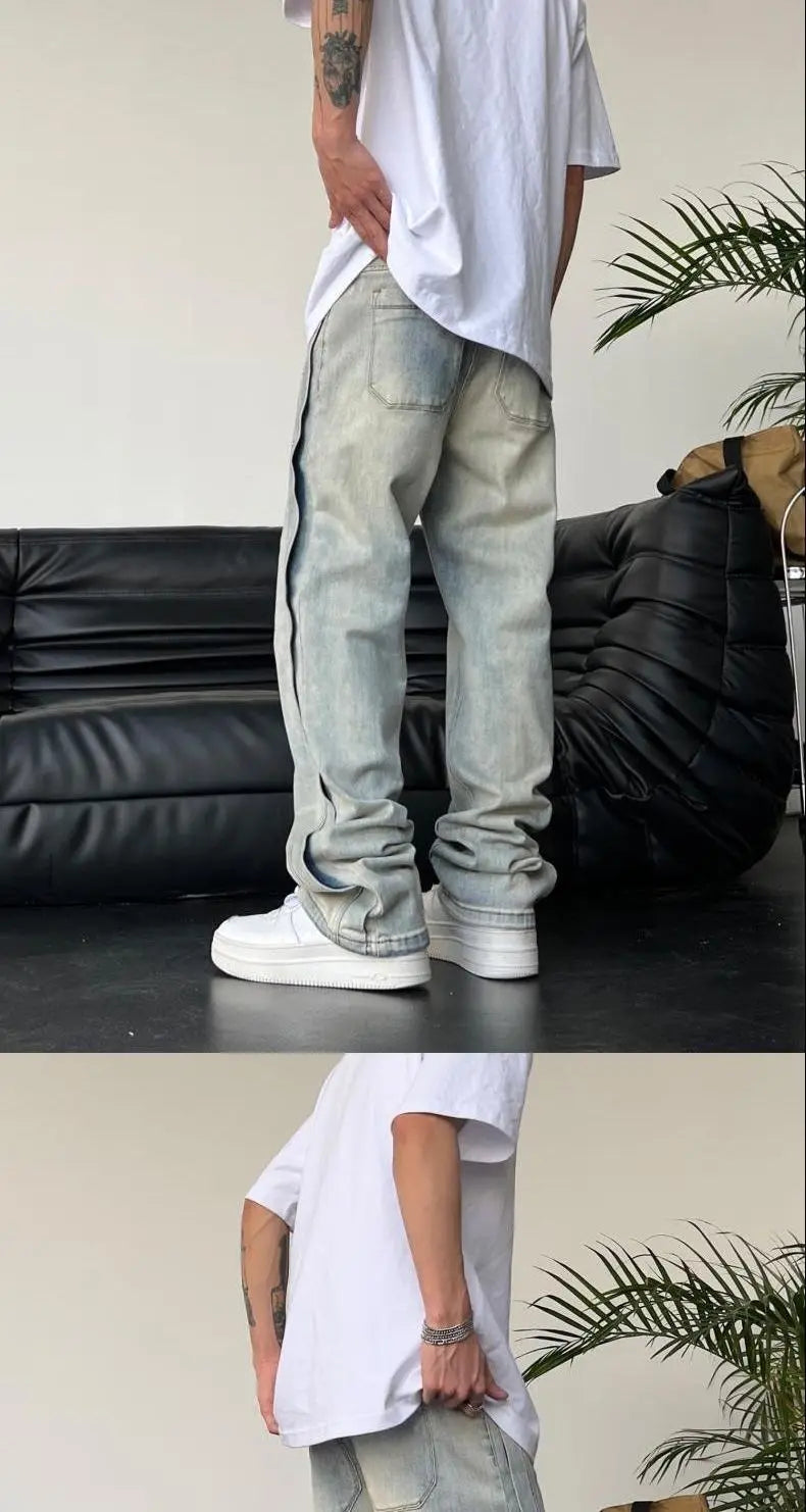 Jeans for Men Loose Light Blue Baggy Straight Man Cowboy Pants Punk Spliced Y2k Vintage Trousers 2025 Korean Autumn Trend Cotton