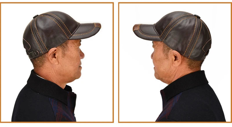 Men Real Cowhide Leather Earlap Caps Male Fall Winter 100% Real Cow Leather Hats New Casual Real Leather Outdoor Baseball Cap