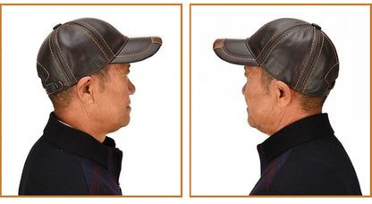 Men Real Cowhide Leather Earlap Caps Male Fall Winter 100% Real Cow Leather Hats New Casual Real Leather Outdoor Baseball Cap
