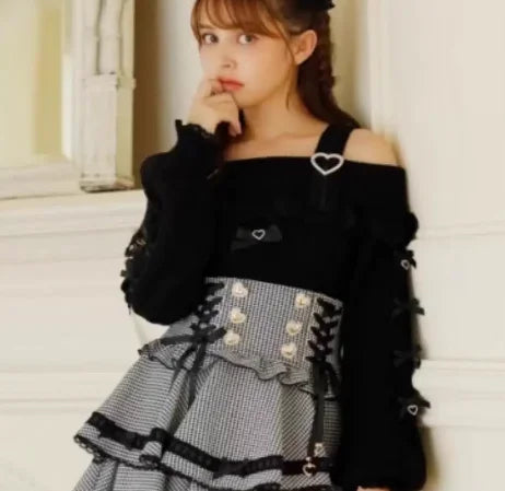 Sweet Lolita Winter Clothes Women Off Shoulder Sweater Pullover Student Elegant Long Sleeve Knitwear Bow Lace Waist Slim Sweater