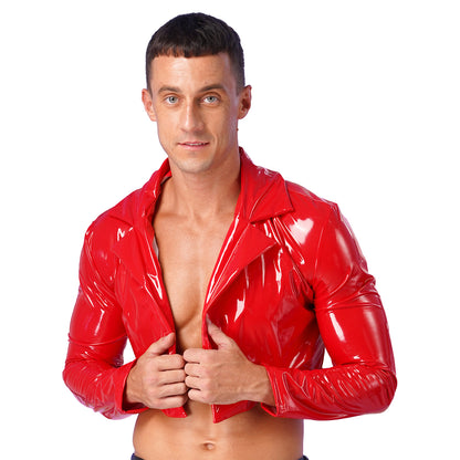 Mens Wet Look Long Sleeve Latex Cropped Coat Pole Dance Rave Cosplay Party Clubwear Lapel Patent Leather Jacket Motorcycle Coats