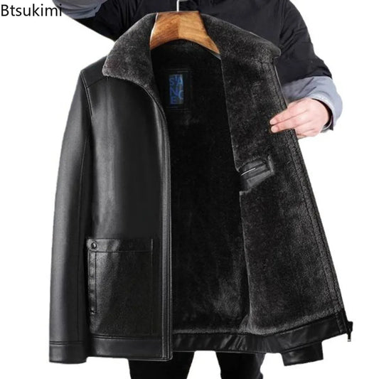 Men's Leather Jackets Autumn Winter Fleece Warm Motorcycle Coats Fashion Business Casual PU Leather Jackets Men Slim Outerwear