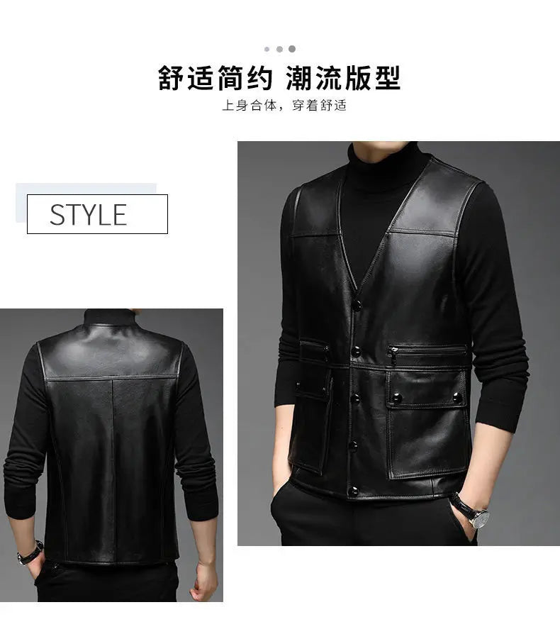 Genuine Leather Motorcycle Vest Mens sheepskin Leather Waistcoat biker sleeveless jacket clothing chaleco bullet proof club vest