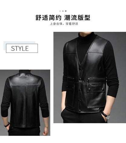 Genuine Leather Motorcycle Vest Mens sheepskin Leather Waistcoat biker sleeveless jacket clothing chaleco bullet proof club vest