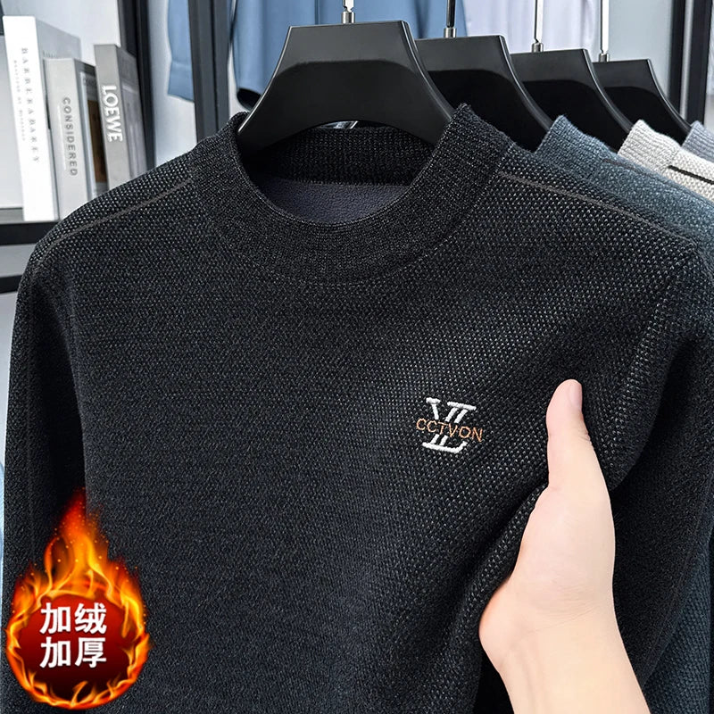 Winter 2025 Men's Sweater with Fleece and Mink Fur for Middle-aged Warmth, Integrated Fleece Base, Embroidered Round Neck Top