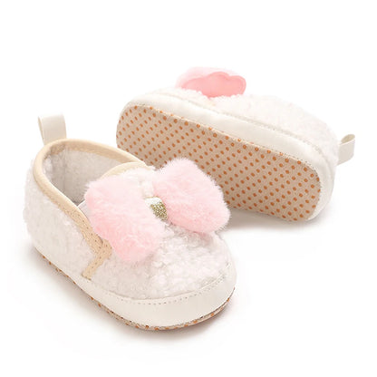 Cute Toddler Winter Boots Warm Plush Snow Booties Slip-on Soft Sole Shoes for Baby Girls with Bow Decoration and Anti-Skid