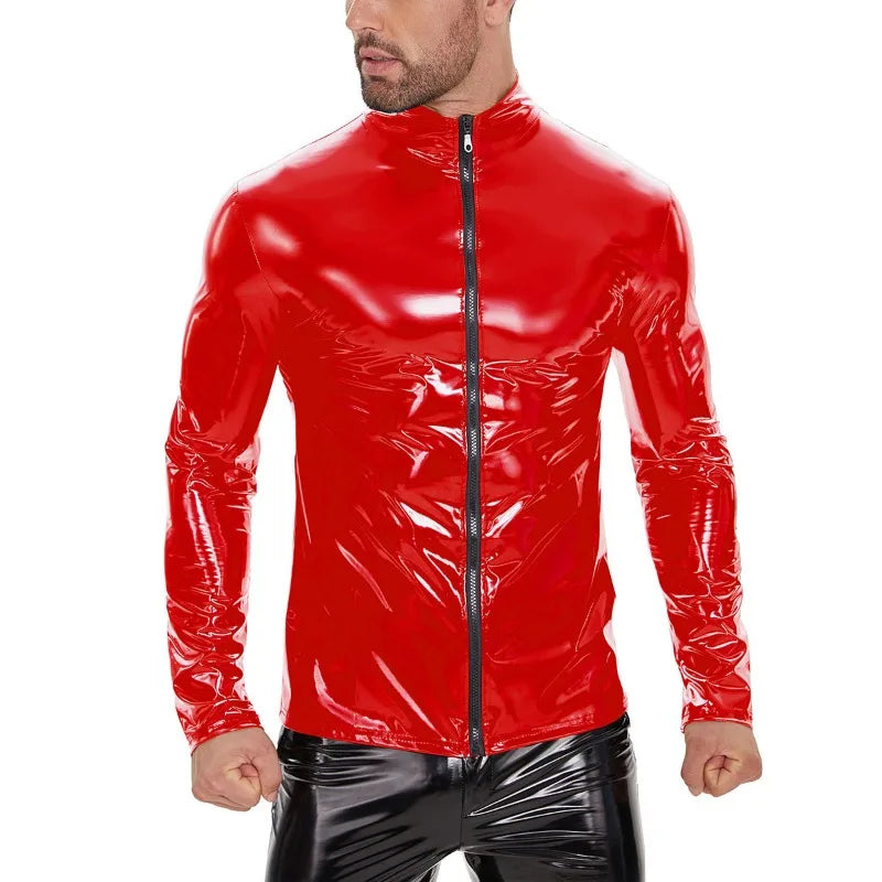 Men PVC Leather Jacket Cool Motorcycle Jacket Tops Handsome Long Sleeve Coats Male Slim Fit Zipper Windproof Coats Autumn