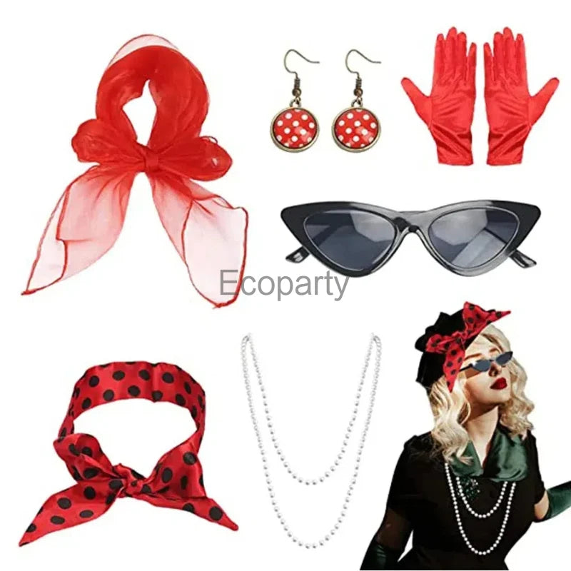 1950's Costume Accessories For Women Retro Polka Dot Headband Necklace Chiffon Scarf Eyeglasses Earrings Set Girls Party Outfits