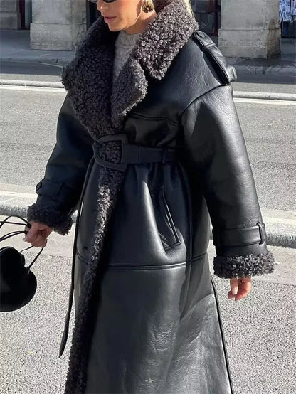 Women's Coat 2025 Autumn New Style Black Long-Sleeve Leather and Fur Integrated Coat with Belt High-End Outerwear Elegant