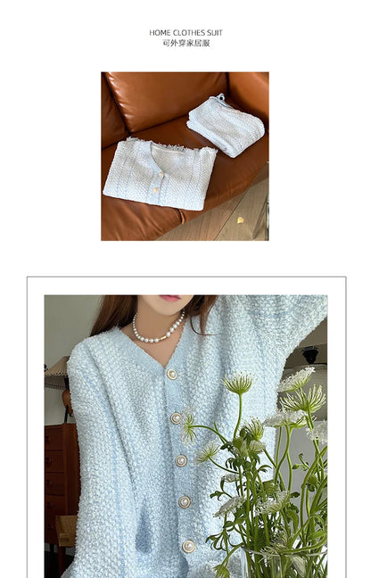 Winter Ins Sweet Tassel Cardigan Set Sleepwear Women's Winter Thick Warm Knitted Home Clothes Two Piece Set Light Blue