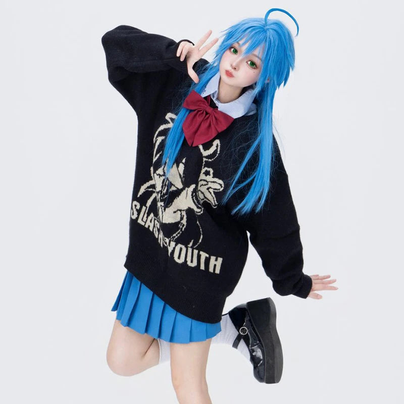 Sweater Women Japanese Cartoon Printed Pullover Knitwear Winter Chic Kawaii Sweaters O-neck Loose Cute Jumpers Tops Y2k Clothing