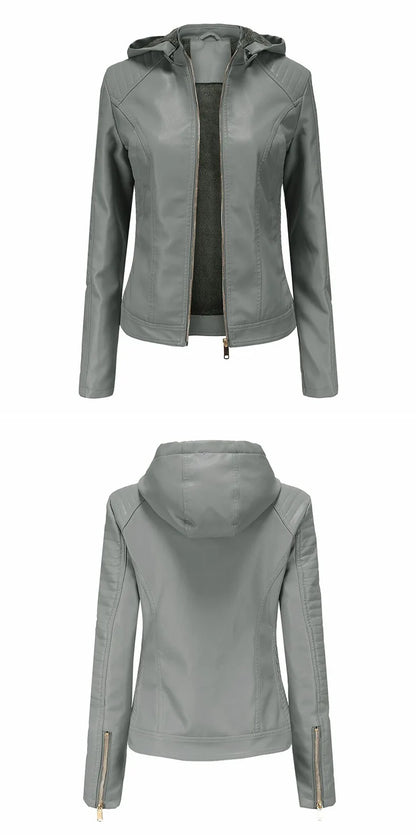 Faux Leather Women Coat Hooded Full Sleeve Slim Fit Solid Sexy Regular Jackets Zipper Casual Splice Coats Thick Warm Jacket