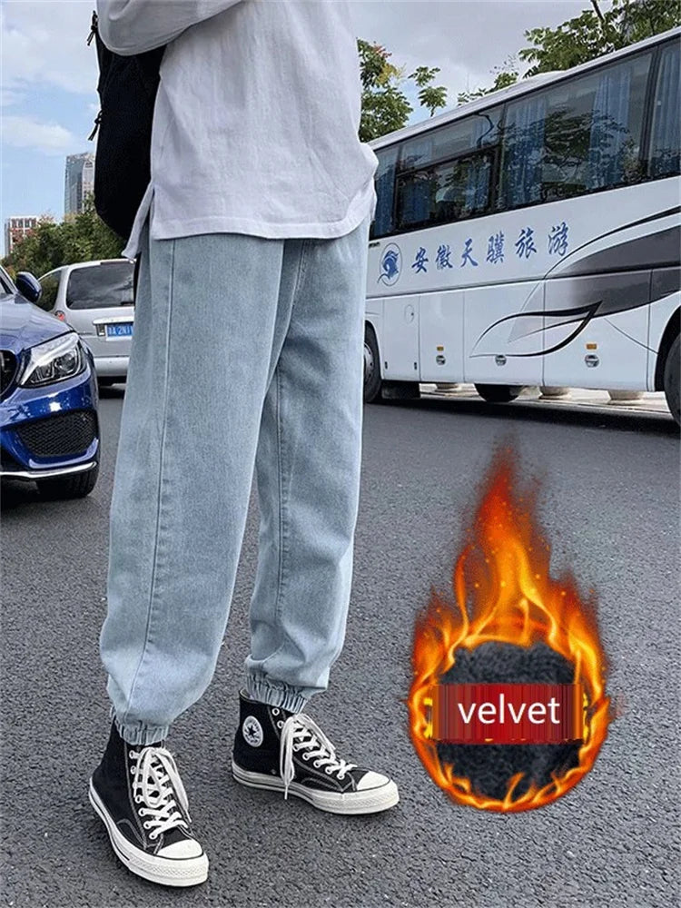 Winter Jeans Men Warm Joggers Jeans Harem Pants Thickdenim Pants men sweatpants elastic jean for men pants male jeans