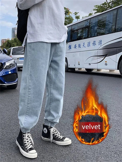 Winter Jeans Men Warm Joggers Jeans Harem Pants Thickdenim Pants men sweatpants elastic jean for men pants male jeans