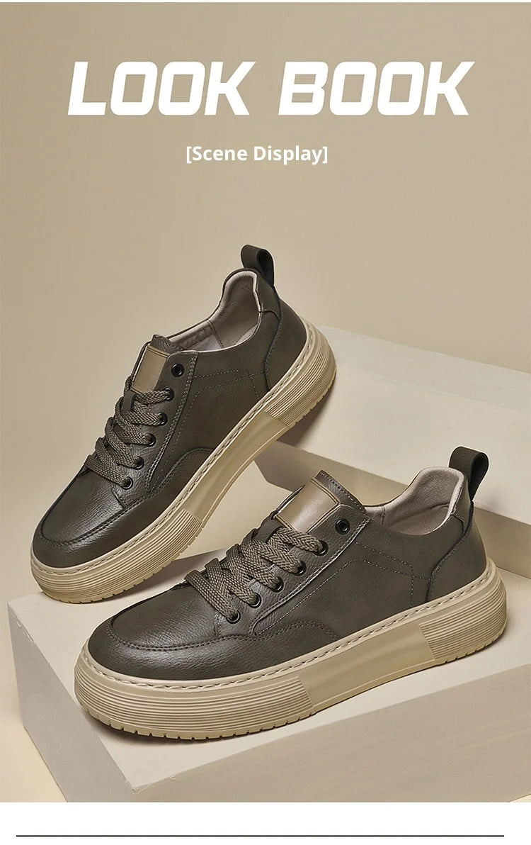 Genuine Leather Men's Casual Shoes, Thick-soled, Anti-slip, Wear-resistant, Height-increasing, Street Fashion, Retro Board Shoes