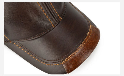 Men Real Cowhide Leather Earlap Caps Male Fall Winter 100% Real Cow Leather Hats New Casual Real Leather Outdoor Baseball Cap