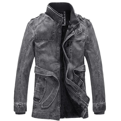 Leather Coat Men Stand-up Collar Autumn Winter New Men Mid-Length Casual Fashion Slim Fit Solid Color Leathercoat Fleece Jacket