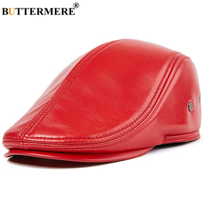 BUTTERMERE Men Flat Cap Sheepskin Real Leather  Cap Male Royal Blue Autumn Winer Earflaps Men's Duckbill Ivy Cap